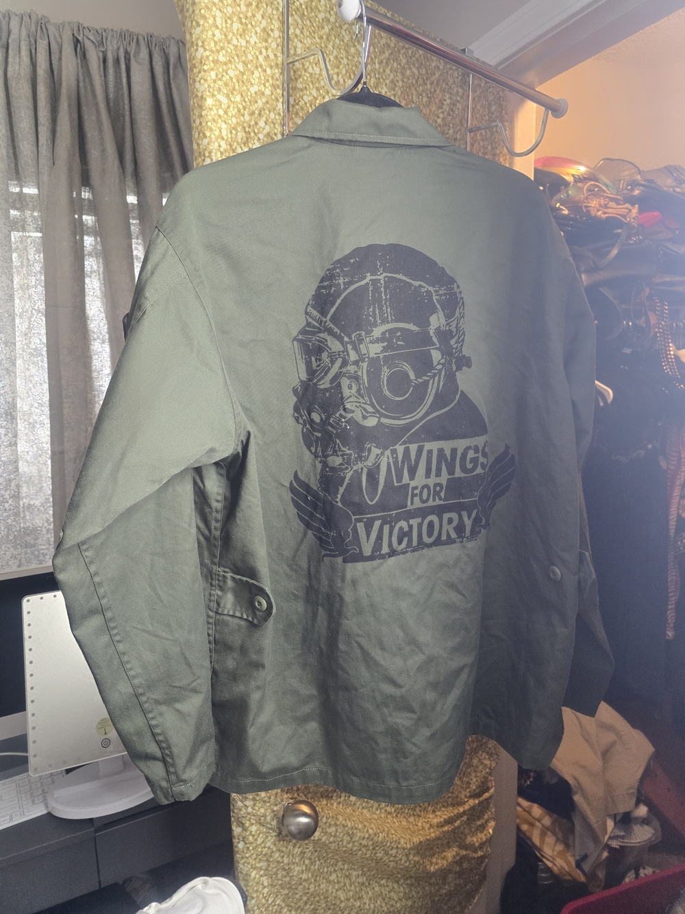 Men's Olive Green Military-Inspired Jacket with 'Wings for Victory' Print